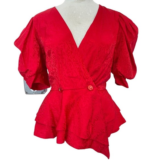 Vintage Mijoli Blouse Silk Puff Sleeves Iridescent Red Faux Wrap Top Sz 6 - Picture 5 of 16